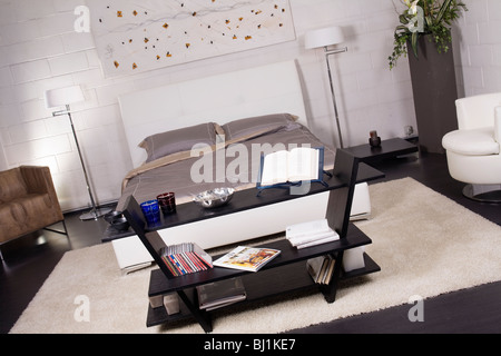 Elegante e moderna camera da letto principale con letto queen size, lampade ripiano e la moquette Foto Stock