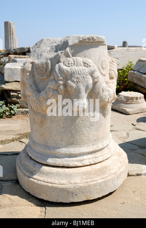 Un sacro bull di testa scolpita in un blocco di marmo che era una volta la parte superiore di una colonna di uno dei molti degli antichi edifici del.. Foto Stock