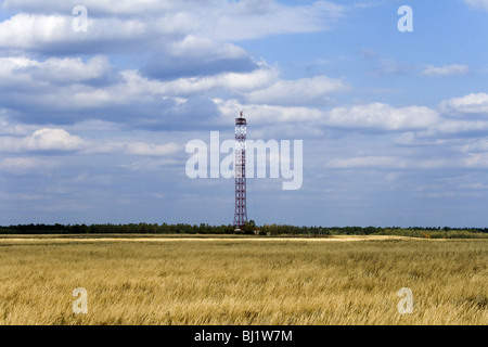 Una solitaria torre delle comunicazioni sul campo con sfondo con cielo nuvoloso Foto Stock