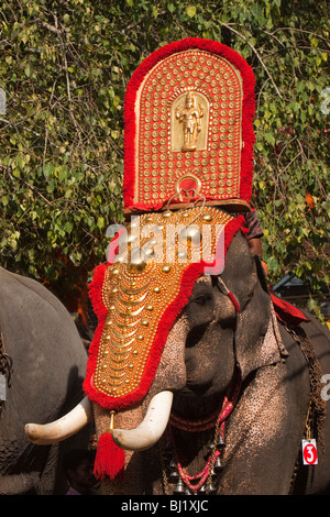 India Kerala, Adoor, Sree Parthasarathy temple, Gajamela festival, caparisoned elefante in processione rituale Foto Stock