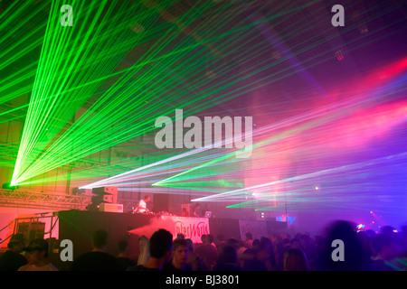 Laser show, mondo invernale 2010, techno festival in Sports Hall Oberwerth, Coblenza, Renania-Palatinato Foto Stock