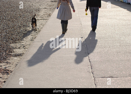 Un giovane a piedi con il loro cane lungo la spiaggia a Lyme Regis. Foto Stock