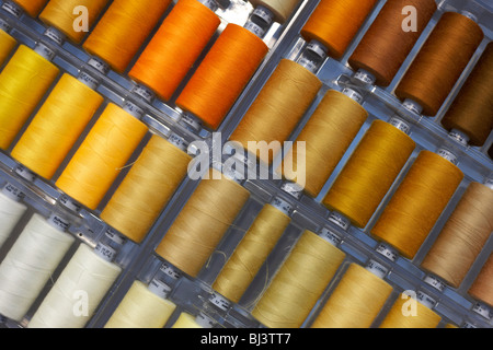Sfumature di giallo e marrone i fili di cotone sono visti in un cassetto aperto utilizzato da couturier Margaret Howell. Foto Stock