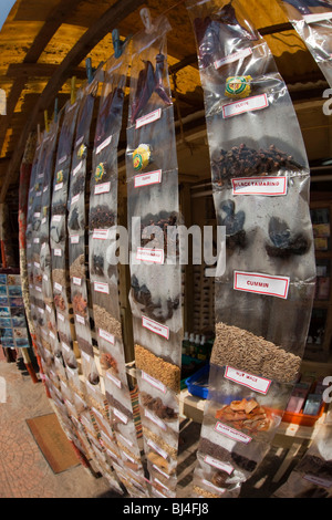 India Kerala, Kovalam, Lighhouse spiaggia, il lungomare tourist souvenir shop visualizzazione delle spezie confezionate per la vendita Foto Stock