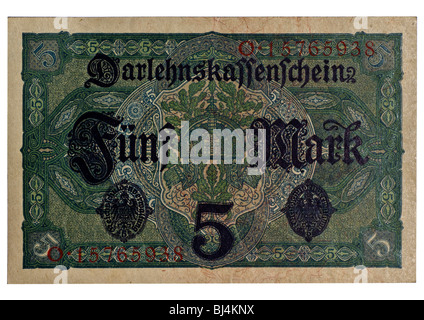 Retro della società di prestito banconota oltre i 5 segni del National Debt Office, Berlino, Germania, 1 Agosto 1917 Foto Stock