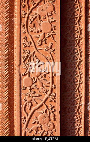 Dettagli scolpiti nel palazzo di Fatehpur Sikri, India Foto Stock