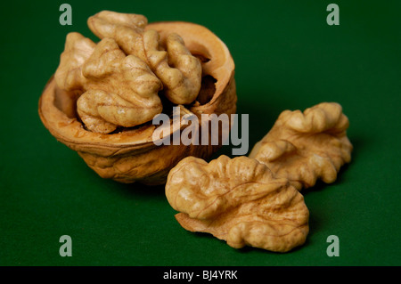 Noce closeup isolato su sfondo verde cibo artistico still life Foto Stock