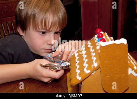 Ragazzo età 10 concentrando sulla decorazione di Natale casa di panpepato. St Paul Minnesota USA Foto Stock