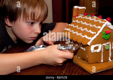 Ragazzo età 10 concentrando sulla decorazione di Natale casa di panpepato. St Paul Minnesota USA Foto Stock