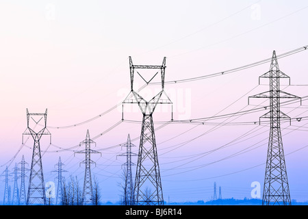 Linee di trasmissione di potenza e torri al tramonto vicino a Winnipeg, Manitoba, Canada. Foto Stock