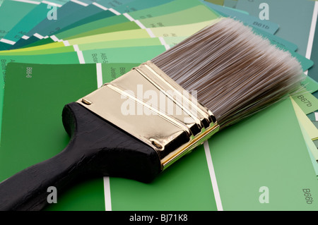 Chiudere orizzontale di una spazzola di vernice su vernice verde a campioni Foto Stock