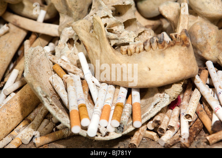Indonesia Sulawesi, Tana Toraja, Kete Kesu, sigarette a sinistra come offerta esposta tra le ossa dei morti antenati Foto Stock
