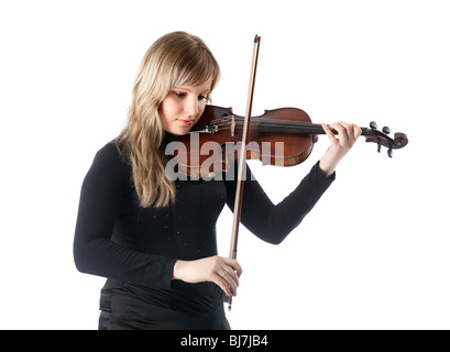 Ritratto di giovane donna violinista. Isolato su sfondo bianco. Foto Stock