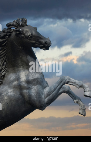 Cavallo di bronzo sul drammatico sfondo con cielo nuvoloso Foto Stock