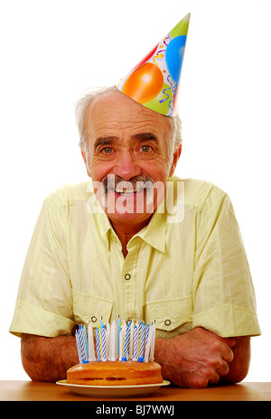 Uomo anziano felice festa di compleanno Foto Stock