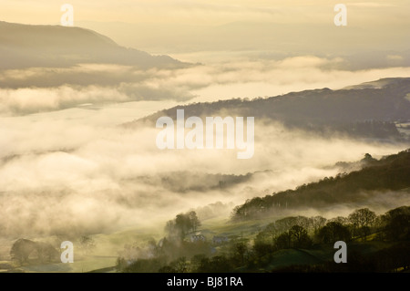 La nebbia aleggia sul Coniston Water nel distretto del Lago su un inverno mattina, guardando verso il basso dalla Yewdale Fells Foto Stock