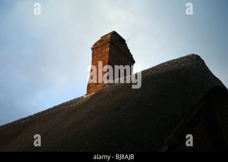 Un camino sul tetto di paglia di un cottage Foto Stock