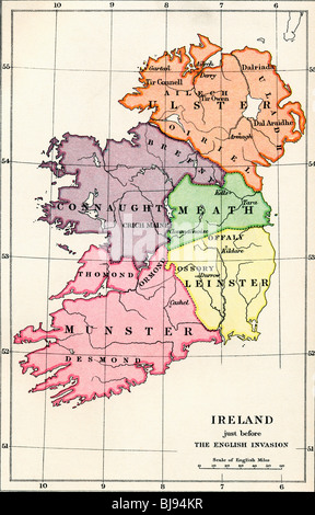 Mappa di Irlanda appena prima della invasione inglese, 1588 e 1610. Foto Stock