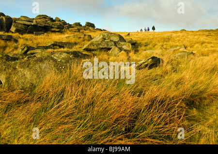 Walkers sul lontano orizzonte in una cornice selvaggia di rocce e giunchi, Dartmoor Devon Foto Stock
