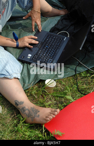 Computer freak durante il Chaos Communication Camp in Finowfurt, Germania Foto Stock