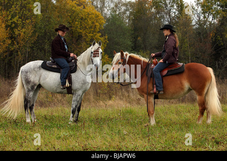 Due cowgirl e cavalli andalusi (Equus caballus ferus) Foto Stock