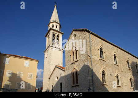 Budva,città vecchia penisola,Cattedrale di St John,torre campanaria,Montenegro Foto Stock