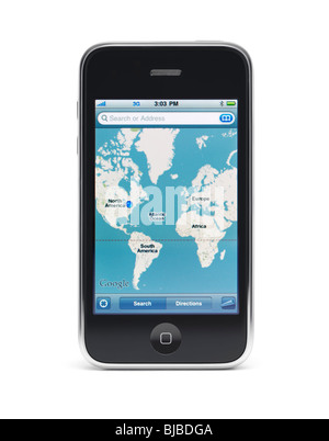 Apple iPhone 3GS 3G smartphone visualizzazione Google maps sullo schermo isolato con percorso di clipping su sfondo bianco Foto Stock