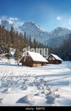 In inverno la neve paesaggio di montagna con cielo blu, Monti Tatra, Polonia Foto Stock