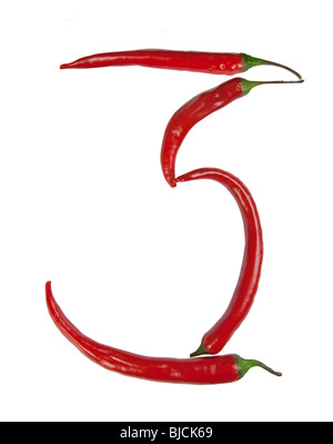Numero 3 realizzato dal peperoncino, con il tracciato di ritaglio Foto Stock
