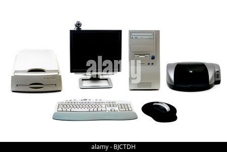 Computer , disco rigido, del mouse, tappetino, Stampante, Scanner, Monitor e Web Cam Tagliare Foto Stock