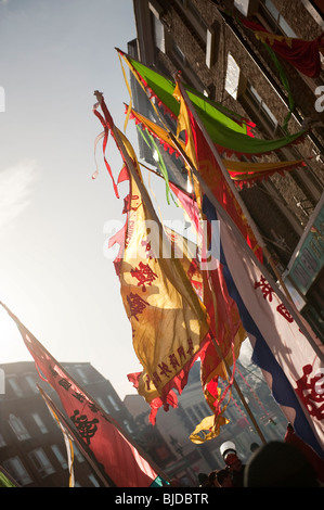 Celebrazione cinese bandiere illuminato da Sun al festival Foto Stock