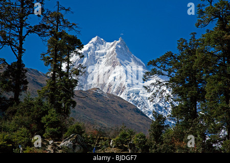 Il Manaslu picco a 26759 è l'ottava più alta montagna del mondo - REGIONE NUPRI, NEPAL Foto Stock