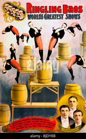 Il Ringling Bros, più grande nel mondo mostra Raschetta fratelli, meraviglioso somersaulting vaulters, poster di circo 1900 Foto Stock