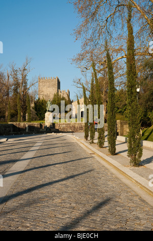 Strada fiancheggiata da numerosi tress che conduce al castello medievale di Guimaraes, Portogallo Foto Stock