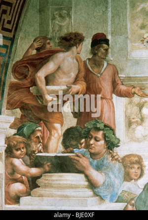 Raffaello Sanzio (1483-1520). Pittore italiano. Scuola di Atene. Dettaglio di Epicuro. Le Stanze di Raffaello. Vaticano. Foto Stock