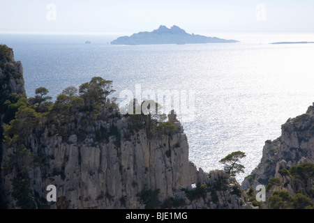 Cassis, Provenza, Francia. Vista dell'Ile de Riou da una scogliera sopra la Calanque d'En Vau. Foto Stock