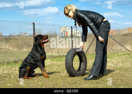 Giovane donna bionda con rottweiler e pneumatico su una formazione. Foto Stock