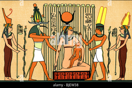 In questa parete egiziano pittura, Iside, la Dea Madre (qui seduto), suckles suo figlio Horus in una palude di papiro. Foto Stock