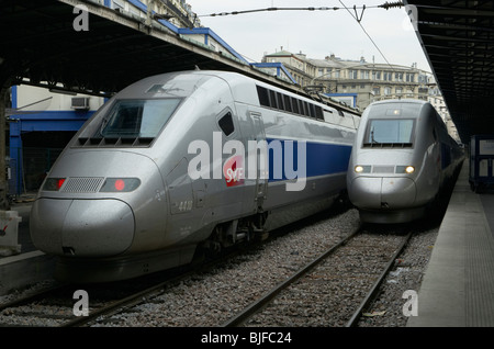 Due treni TGV su una stazione in Parigi, Francia Foto Stock