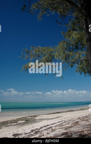 Vilankulo Beach, guardando fuori attraverso le acque turchesi verso le isole dell'Arcipelago di Bazaruto. Vilankulo, Mozambico. Foto Stock