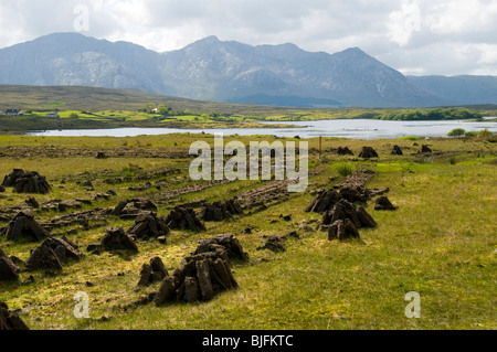 Essiccazione di torba vicino il Twelve Bens gamma, Connemara, nella contea di Galway, Irlanda Foto Stock