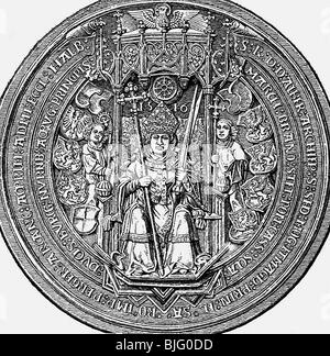 Alberto di Brandeburgo, 28.6.1490 - 24.9.1545, Arcivescovo di Magonza 9.3.1514 - 24.9.1545, a lunghezza intera, foca, incisione del legno, 19th secolo, , Foto Stock