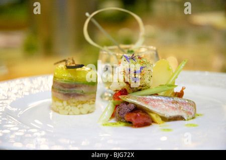 Cucina italiana, filetto di pesce serviti in un piatto decorato per una gara gastronomica Foto Stock