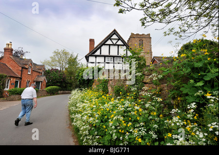 Un uomo che cammina verso il basso di una corsia di marcia nel villaggio di Redmarley D'Abitot, Gloucestershire con la Chiesa di San Bartolomeo del Foto Stock