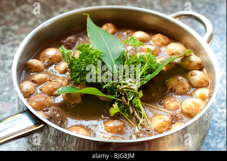 Classica francese Boeuf a la Bourguignon di manzo piatto di Borgogna con funghi e fresco bouquet garni pronto per il forno Foto Stock