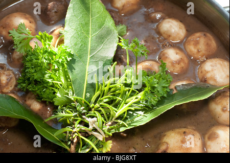 Classica francese Boeuf a la Bourguignon di manzo piatto di Borgogna con funghi e fresco bouquet garni pronto per il forno Foto Stock