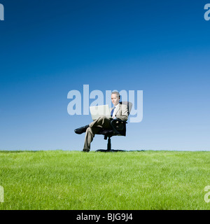 Imprenditore usando il suo computer portatile in un campo erboso Foto Stock