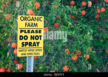 Segno "Azienda Agricola Biologica - Si prega di non spruzzare'. Foto Stock