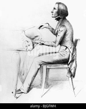 Liszt, Franz, 22.10.1811 - 31.7.1886, compositore e pianista ungherese, al pianoforte, litografia, circa 1840, Foto Stock