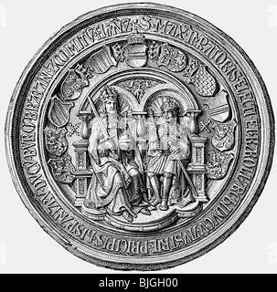 Massimiliano i, 22.3.1459 - 12.1.1519, Sacro Romano Impero 4.2.1508 - 12.1.1519, sigillo, con nipote Re Carlo i di Spagna, circa 1517, incisione in legno, 19th secolo, , Foto Stock